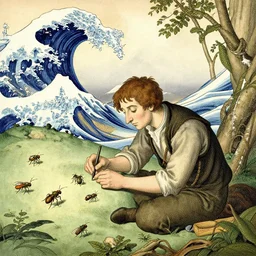 illustration, man, working, insects, by william blake, by hokusai, by todd schorr, by mark ryden, by john tenniel