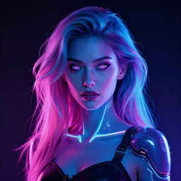 portrait of female evil android, neon hair, glowing skin, strong line, saturated color, beautiful! coherent! by frank frazetta, by brom, high contrast, minimalism