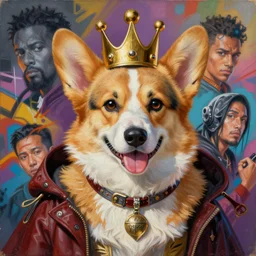 beautiful painting of a corgi assassin king, by Jamie Hewlett, Victo Ngai, Ismail Inceoglu. trending on Artstation, 8k, masterpiece, graffiti paint, fine detail, full of color, intricate detail, golden ratio illustration