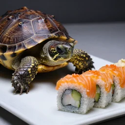 a photo of a wild turtle looking at a sushi roll, a turtle, sushi, dslr, ambient lighting