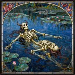breathtaking detailed soft painting of a skeleton devil drowned in a lake, in nympheas at night shore, dynamic movement, in an intricate art nouveau stained glass of meat, rembrandt style, elegant, highly detailed, artstation, concept art, matte, sharp focus, art by tom bagshaw, luis royo and greg rutkowski