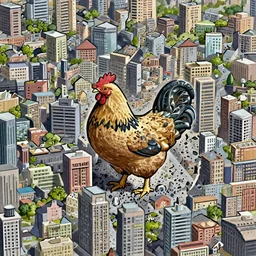 giant chicken destroying a city, mega details, hyper realistic,