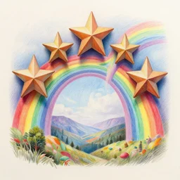 Intricate five star rainbow landscape by Anna Kullberg, Colored pencil on paper, high detail, skin texture, photo realistic, hyperrealism,matte finish, high contrast, 3d depth, masterpiece, vivid colors, artstationhd