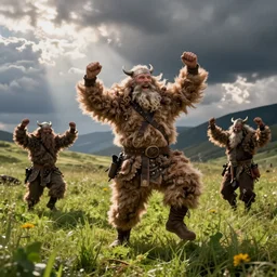 hairy viking dancing around in a meadow sunny happy by rutkowski