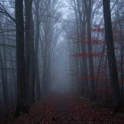 dusk, fog 5 0 % visibility, gray wood forest and reddish leaves.