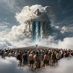 crowd of people, water portal to hell located in heaven, photorealistic, rule of thirds, 4 k, dark bright effect, alvah angelrune, michelangelo, version 3