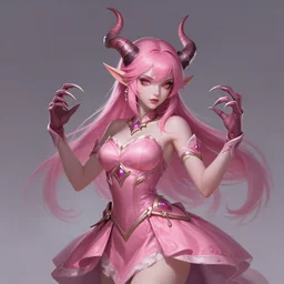 a highly detailed illustration of cute pink haired pale demon girl with horns wearing pink dress wielding claws, dramatic claw pose, intricate, elegant, highly detailed, centered, digital painting, artstation, concept art, smooth, sharp focus, league of legends concept art, wlop.