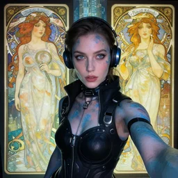 woman wearing cyberpunk clothing in a sci - fi city, subsurface scattered skin, in the style of greg rutkowski and alphonse mucha and lisa frank, selfie