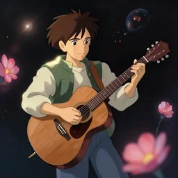 a wholesome animation key shot of kurt cobain playing an acoustic guitar while floating in space, volumetric light, medium shot, waist up, studio ghibli, pixar and disney animation, sharp, rendered in unreal engine 5, anime key art by greg rutkowski, bloom, dramatic lighting