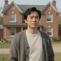 intricate painting of a clean shaven middle aged man with black hair wearing a cardigan in front of an old brick house, trending on artstation, fantasy art, wide angle, shallow depth of field