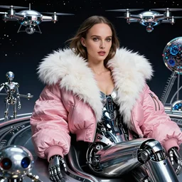 beautiful fantasy character portrait, natalie portman, wearing pink puffy bomber jacket with white fur, robots, seductive reclining pose, futuristic chrome drones, ultra realistic, dramatic lighting, stargate artifacts, highly detailed by peter mohrbacher, hajime sorayama, wayne barlowe, boris vallejo, aaron horkey, gaston bussiere, craig mullins