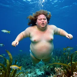 a colorful portrait photograph of fat divine underwater swimming around the fishes and codex seraphinianus plants, 1 9 9 0 s, taken by martin parr, saturated colour photo, high definition, 8 k
