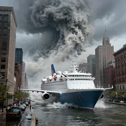 aircraft cruiser crossing half - drowned new - york streets after huge tsunami, hyperdetailed, artstation, cgsociety, 8 k
