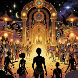 a comic book style illustration of an african festival by moebius and makoto shinkai and rossdraws, ornate, lights, cosmic, featured on artstation, pixiv, volumetric lighting, 8 k, highly detailed render, octane render, unreal engine, soft glow, crisp lines, f 1 1, sharp focus,