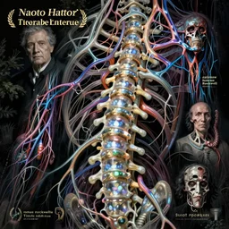 nightmare etherreal iridescent vascular nerve bundles pearlescent spinal chord horror by naoto hattori, zdzislaw, norman rockwell, studio ghibli, anatomical cutaway