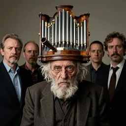 portrait of a crazy old man with a pipe organ head by hr giger, greg rutkowski, luis royo and wayne barlowe, 8 k