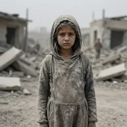 photograph of a girl covered in ash in a warzone, dslr