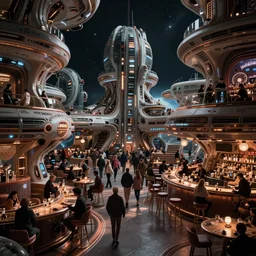 beautiful utopian spaceport，crowded futuristic bar cantina place，cinematic shot，Game scene graph，detailed, hyper detailed, very high detailed ，by Sylvain Sarrailh