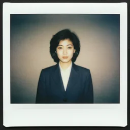 polaroid of a Japanese woman wearing a suit, 1980