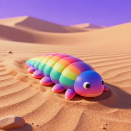 beautiful matte painting of rainbow colored tardigrade coming out of sand dune in a neon desert by dan mumford and lisa frank, unreal engine, concept art, close up, vivid, trending on artstation
