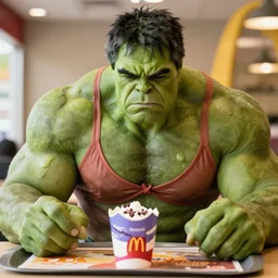 Hulk wearing a bra at McDonald's staring at the Mc Flurrys with sadness
