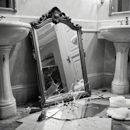 old black and white newspaper photo of a broken mirror shattered on the ground in a lavish bathroom