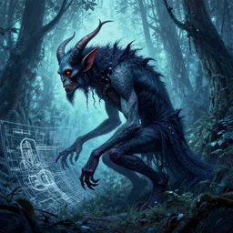 forest demon, in the style of Greg Broadmore and Arthur Rackham and Moebius,trending on artstation, light lighting side view,digital art,surrealism ,macro,blueprint ,vaporwave ,