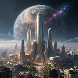 a city on a planet, epic fantasy art, cosmic atmosphere, futuristic, cosmic architecture, high definiton, high detail, photo - realistic, ultra realistic, hyper realistic, trending on artstation, deviantart, ultra hd, 4 k uhd,