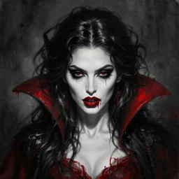 a highly detailed professional oil paint portrait of a female vampire, beautiful, otherworldly, blood dripping, morbid, gothic, creepy, black and white and red, dark aesthetic, ominous, intricate design, detailed shiny hair, demonic goddess vampire, dripping paint, pen markings, atmospheric,
