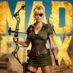 mad max style portrait, blonde mulleted explorer, carrying a compound bow, with a cockatiel companion wearing an eyepatch, tattoos of fungus on arms, short sleeve dress, tactical exciting