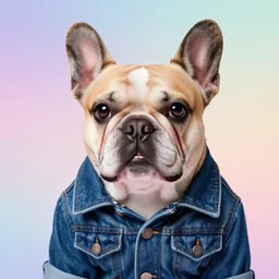 full head photo portrait of a cute french bulldog made of jeans jacket, medium shot, super realistic, crisp details, sharp, detailed, intricate, volumetric lights, cinematic, pastel gradient background, shot with hasselblad, octane render