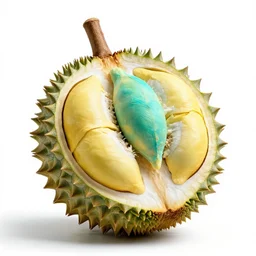 turquoise durian, photorealistic, isolated on a pure white background, centered, entire object in frame, sharp focus, soft studio lighting