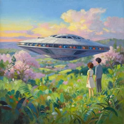an extraordinarily beautiful oil painting of an alien starship in a landscape in spring during sunrise ; lush vegetation ; the most beautiful painting in the world ; by makoto shinkai and craig mullins