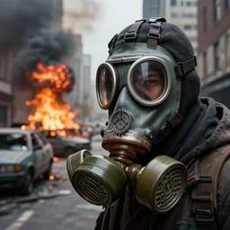 post - apocalyptic city streets, close - up shot of an anarchist with a gasmask, burning cars, explosions, acid color smoke, hyperrealistic, gritty, damaged, urban photography, photorealistic, high details