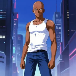 official anime illustration, yoji shinakawa, studio gainax, bald male african-american teen stands in a cyberpunk city, white tank-top, blue jeans, badass
