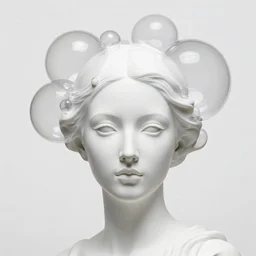 full head and shoulders, beautiful female white, porcelain sculpture, with huge perspex bubbles attached to head, by daniel arsham and james jean, on a white background, delicate facial features, white eyes, white lashes