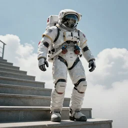 beautiful portrait of a mecha astronaut walking up the stairs of heaven alone, octane render, trending on artstation, hyperrealistic, character photography