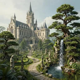 Concept art of witch academy castle with many bonsai trees on the right with small waterfall, highly detailed garden in the middle, many stone statues, gothic building style, highly detailed, 4k, 8k resolution, trending on artstation, octane render, unreal engine, cinematic