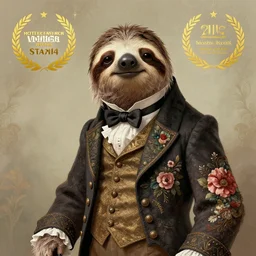 portrait of a sloth wearing a victorian suit, regal, debonair, stylish, flowerpunk, rococo, baroque, academicism, digital art, concept art, character design, illustration, award - winning, highly detailed