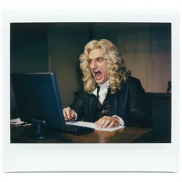 polaroid movie still of of isaac newton screaming to a computer, artwork by gaston bussiere, craig mullins, trending on artstation