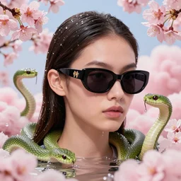 3 d close - up, water, blossom sakura, fashion model in sunglasses, pink clouds background, green snakes, hyper detailed, photo realistic, vouge style photo, artwork by tooth wu and wlop and beeple and greg rutkowski