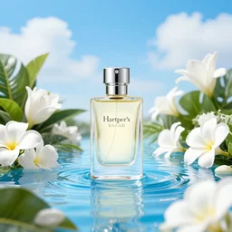 centered bright perfume bottle standing in clear blue rippling water surrounded by a plethora of white flowers and tropical leaves and fauna upfront, with dreamy bright blue sky and clouds in the background, illumination lighting, sharp focus, surreal photography, vogue, hartper's bazaar, sephora,