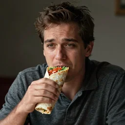 a man eating a burrito while looking sad, realistic photo,