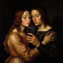 Renaissance oil painting of a couple hugging and looking at an iphone that lits up their face, dark scene, by Botticelli