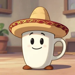 animated anthropomorphic coffee mug wearing a sombrero
