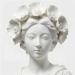 close up of full head and shoulders, beautiful female porcelain sculpture by daniel arsham and raoul marks, smooth, all white features on a white background, delicate facial features, white eyes, white lashes, all twisted around, detailed white 3 d giant poppies on the head