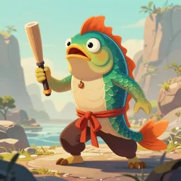 epic anthropomorphic fish holding a nunchuck