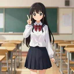 full body anime portrait of a cute girl round eyes long hair dressed in a school uniform inside the school, peace sign, stunning, highly detailed, anatomically correct