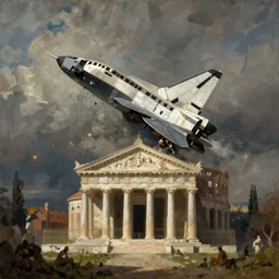 painting spaceship crashed into rome temple by hubert robert detailed