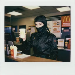 a ninja working the front counter of mcdonald's ready to take your order, eighties polaroid, flash photography, photorealistic, kodachrome! dream a ninja working the front counter of mcdonald's ready to take your order, eighties polaroid, flash photography, photorealistic, kodachrome